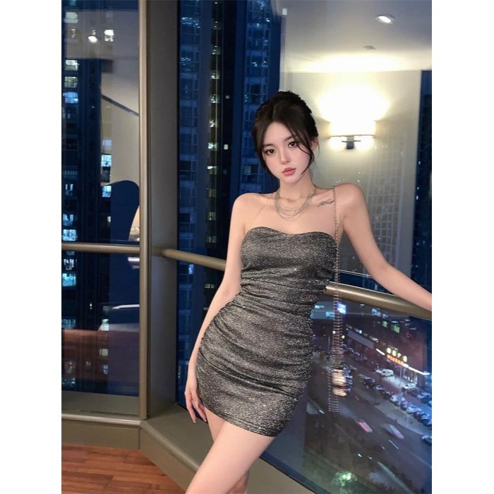 夜店女王 華麗閃耀 深灰色 亮粉包臀平口洋裝 迷你裙 緊身洋裝 夜店洋裝 亮眼洋裝 抓皺 平口性感小禮服-細節圖4