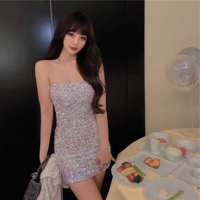 夜店女王 華麗閃耀 深灰色 亮粉包臀平口洋裝 迷你裙 緊身洋裝 夜店洋裝 亮眼洋裝 抓皺 平口性感小禮服-細節圖2