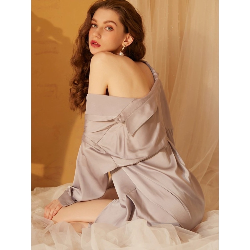 簡單也很美 極簡 質感 誘人絲質緞面睡衣 家居服 緞面睡衣裙 性感家居服 男朋友襯衫 灰色 粉色 珠光面料 大尺碼-細節圖5