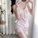 韓系 可愛基本款 舒適性感細肩帶蕾絲背心+短褲睡衣組 居家服 絲質 柔軟 好穿 爆款 淺藍 淺粉 黑色-規格圖9