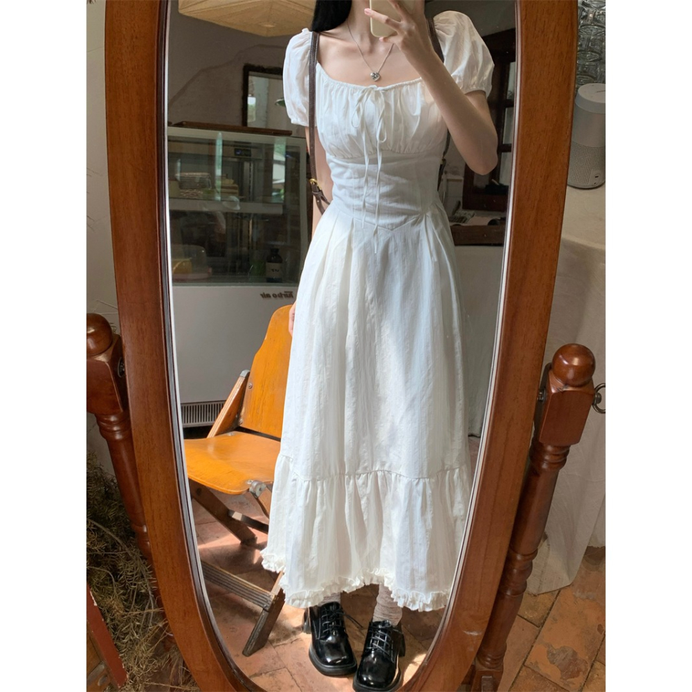 波西米亞 復古風 浪漫氣質 純白色 寬領口露肩 泡泡袖 清純白色抓皺長洋裝 渡假洋裝 連身裙 素面 素色-細節圖2
