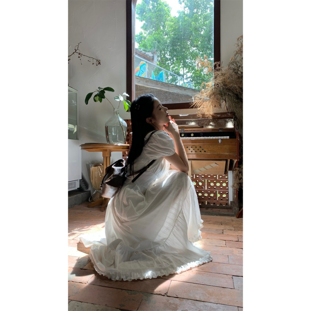 波西米亞 復古風 浪漫氣質 純白色 寬領口露肩 泡泡袖 清純白色抓皺長洋裝 渡假洋裝 連身裙 素面 素色-細節圖3