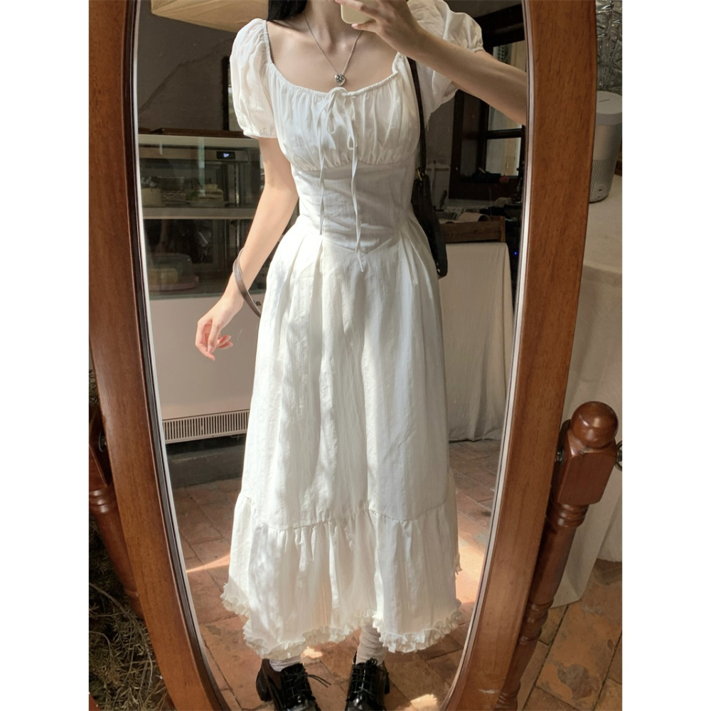 波西米亞 復古風 浪漫氣質 純白色 寬領口露肩 泡泡袖 清純白色抓皺長洋裝 渡假洋裝 連身裙 素面 素色-細節圖4