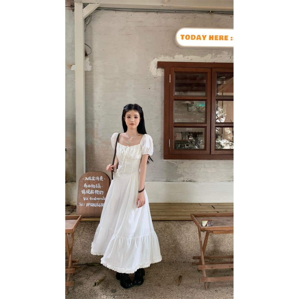 波西米亞 復古風 浪漫氣質 純白色 寬領口露肩 泡泡袖 清純白色抓皺長洋裝 渡假洋裝 連身裙 素面 素色-細節圖5