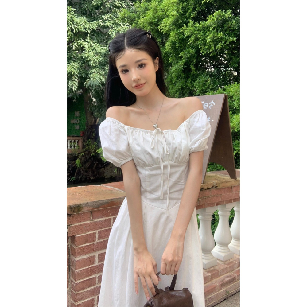 波西米亞 復古風 浪漫氣質 純白色 寬領口露肩 泡泡袖 清純白色抓皺長洋裝 渡假洋裝 連身裙 素面 素色-細節圖8