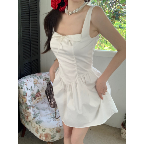 韓系 甜美清新 細肩帶純白無袖連身裙 白色洋裝 婚禮洋裝 連身洋裝 A字裙 素面 素色 可愛洋裝 伴娘禮服