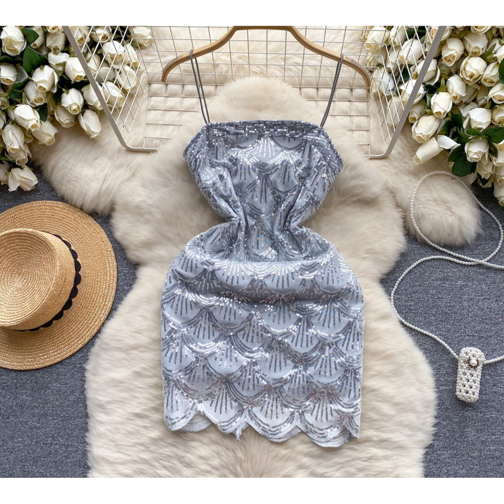 華麗耀眼 女神 甜美閃耀亮片細肩帶小禮服 性感小禮服 平口晚宴服 迷你裙夜店洋裝 銀色性感禮服-細節圖7