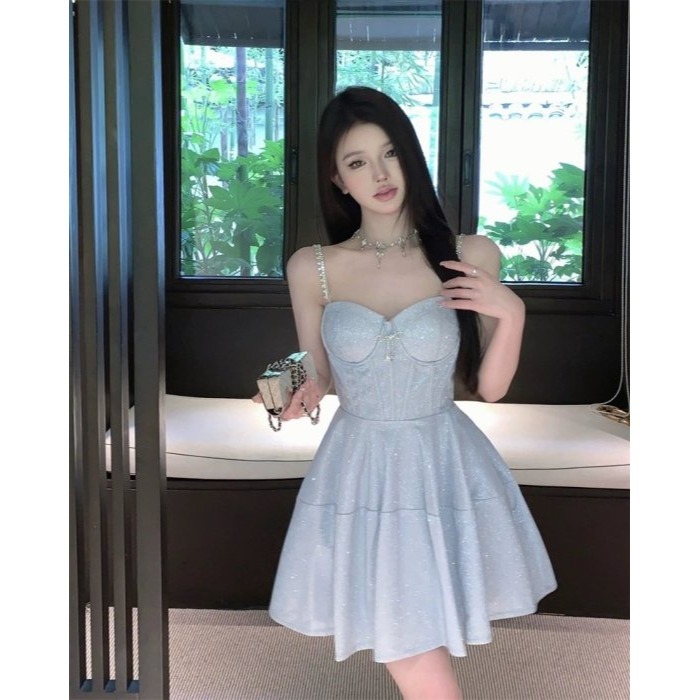 韓系 華麗耀眼 超甜美 閃亮金粉 細肩帶魚骨A字小禮服 灰藍色 性感小禮服 生日趴 生日洋裝 夜店洋裝 馬甲-細節圖8
