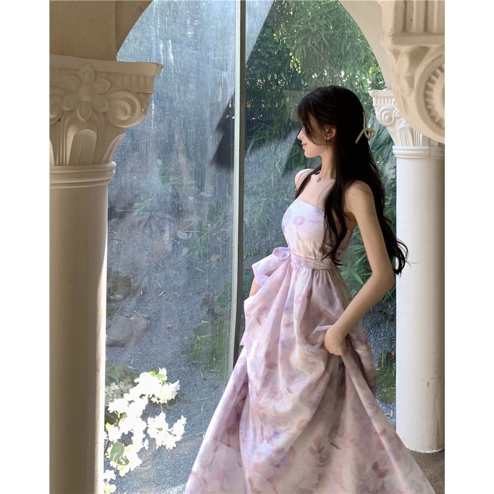 韓系 夢幻唯美 超甜女神 平口粉紫色暈染印花長洋裝 雪紡洋裝 連身裙 晚禮服 紫色洋裝-細節圖2