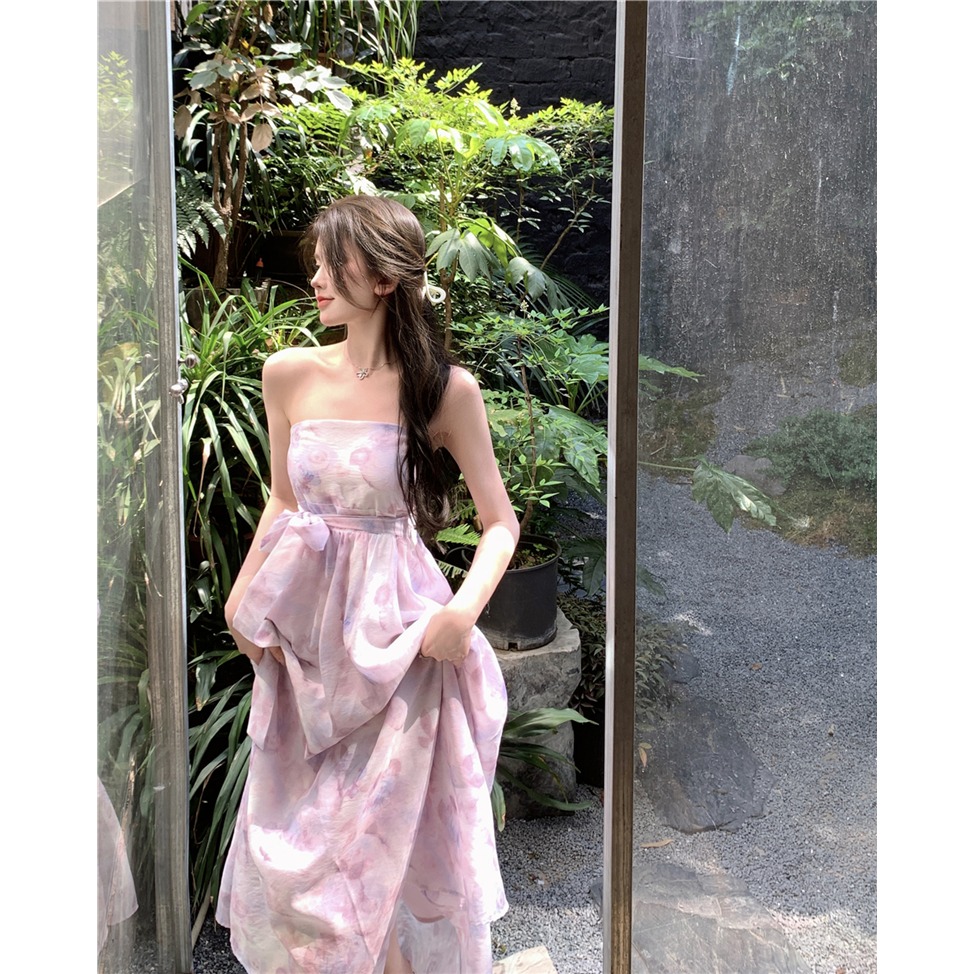 韓系 夢幻唯美 超甜女神 平口粉紫色暈染印花長洋裝 雪紡洋裝 連身裙 晚禮服 紫色洋裝-細節圖3