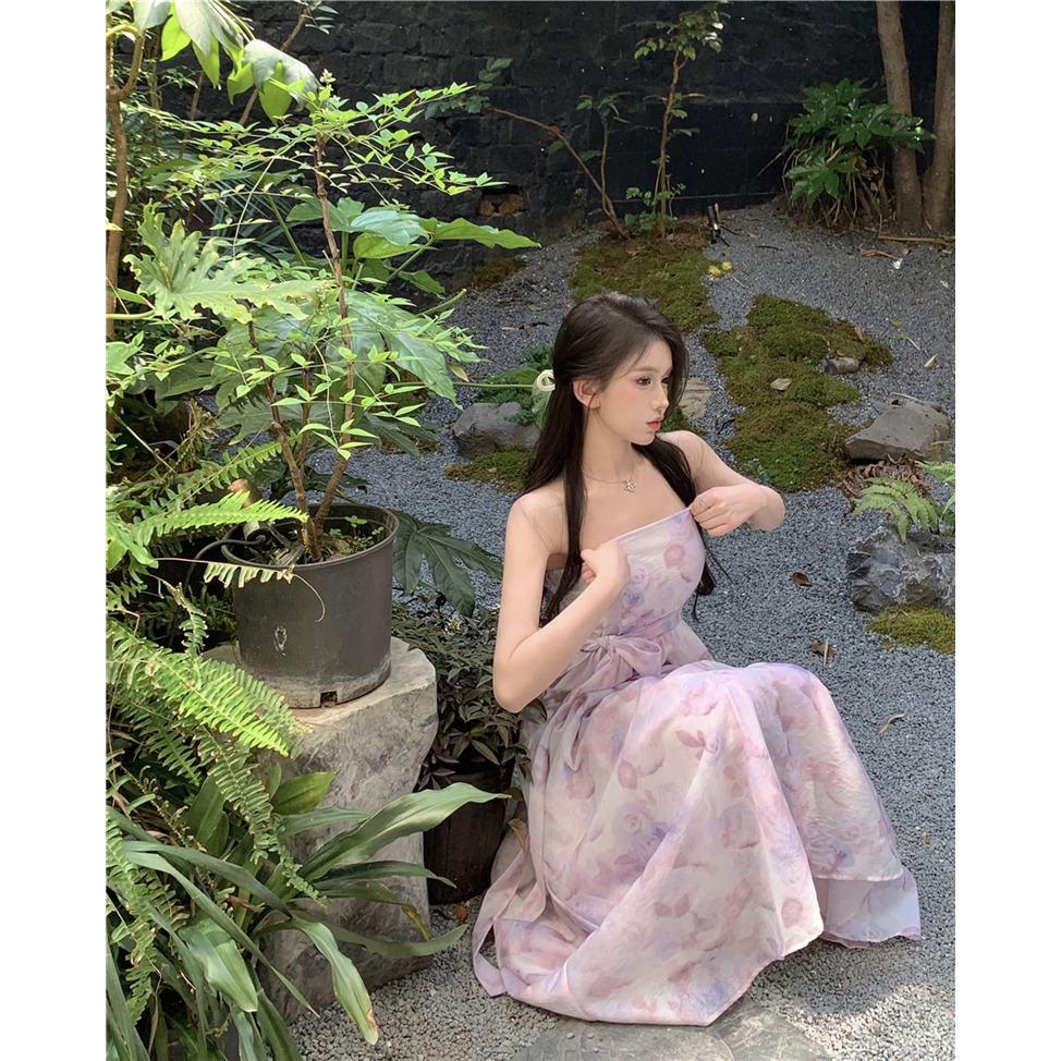韓系 夢幻唯美 超甜女神 平口粉紫色暈染印花長洋裝 雪紡洋裝 連身裙 晚禮服 紫色洋裝-細節圖4
