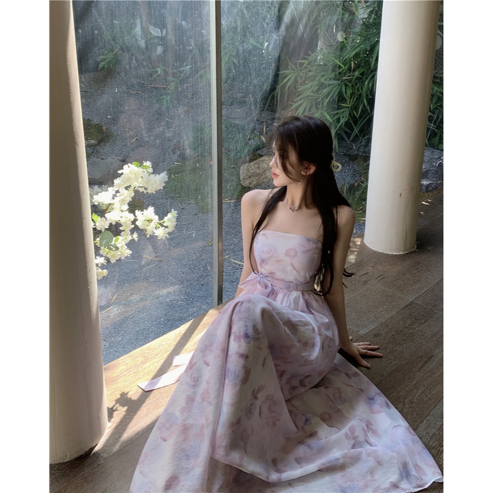 韓系 夢幻唯美 超甜女神 平口粉紫色暈染印花長洋裝 雪紡洋裝 連身裙 晚禮服 紫色洋裝-細節圖5