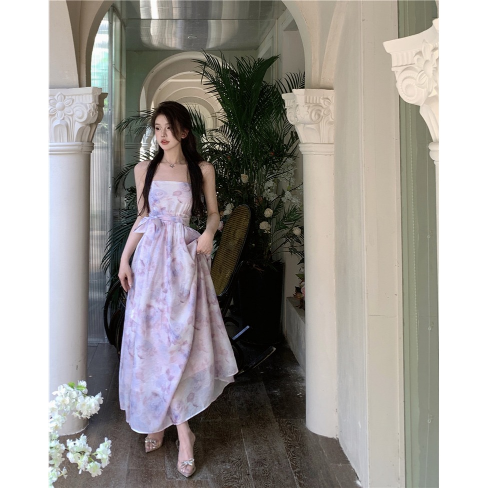 韓系 夢幻唯美 超甜女神 平口粉紫色暈染印花長洋裝 雪紡洋裝 連身裙 晚禮服 紫色洋裝-細節圖6