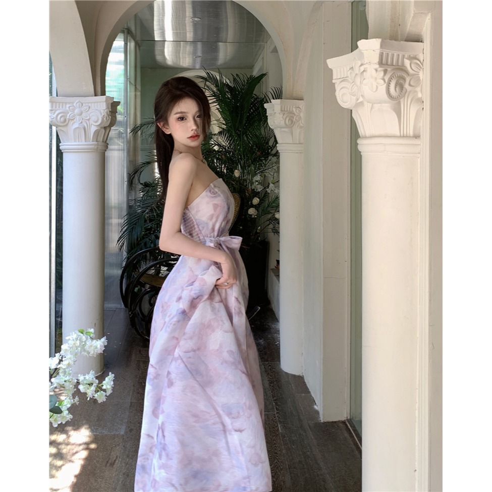 韓系 夢幻唯美 超甜女神 平口粉紫色暈染印花長洋裝 雪紡洋裝 連身裙 晚禮服 紫色洋裝-細節圖7