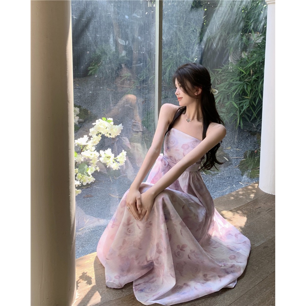 韓系 夢幻唯美 超甜女神 平口粉紫色暈染印花長洋裝 雪紡洋裝 連身裙 晚禮服 紫色洋裝-細節圖8