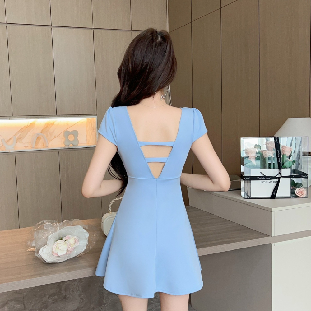 成熟性感 小蓋袖低胸爆乳A字連身裙 素面 傘狀洋裝 性感連身裙 性感小禮服 藍色 黑色 白色 大尺碼可穿-細節圖10