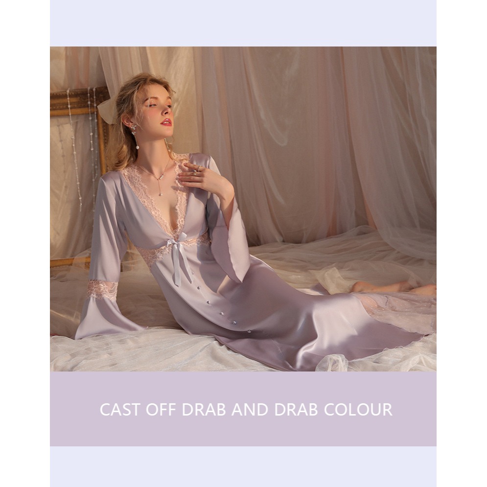 法式 簡約 性感絲質 V領 蕾絲拼接長袖絲質睡衣裙 家居服 性感睡衣 涼感 緞面 紫色 珠光-細節圖2