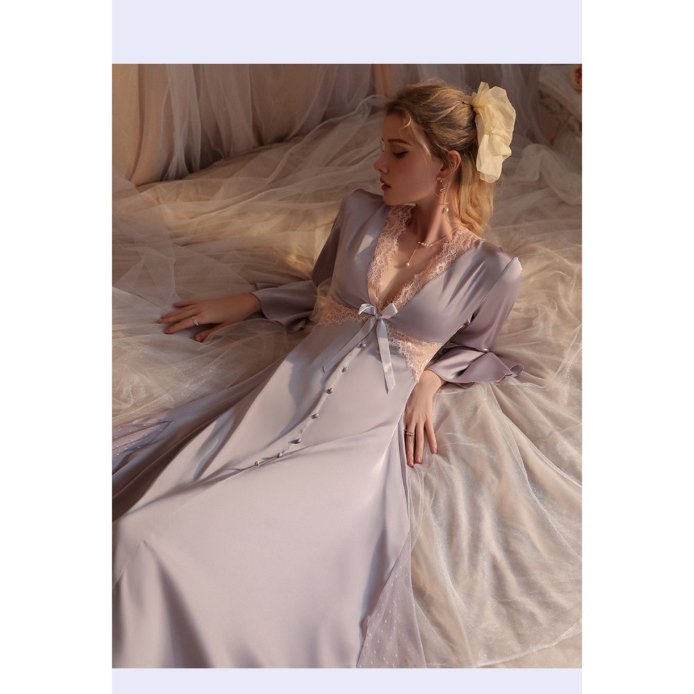 法式 簡約 性感絲質 V領 蕾絲拼接長袖絲質睡衣裙 家居服 性感睡衣 涼感 緞面 紫色 珠光-細節圖4
