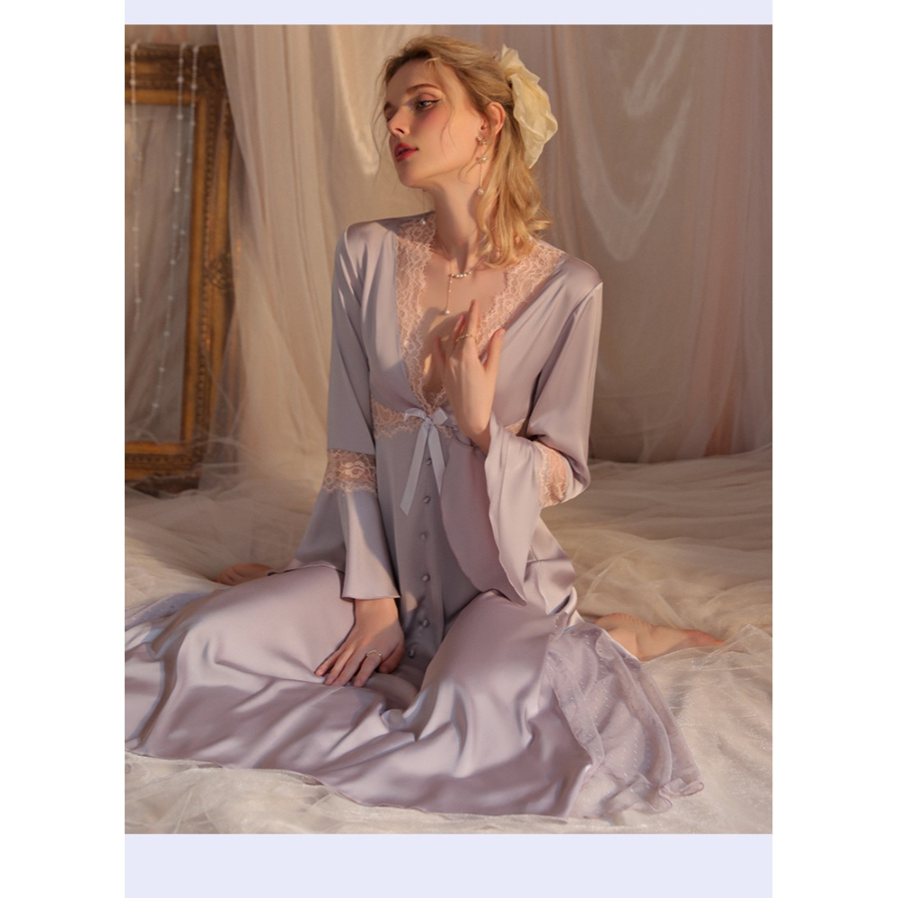 法式 簡約 性感絲質 V領 蕾絲拼接長袖絲質睡衣裙 家居服 性感睡衣 涼感 緞面 紫色 珠光-細節圖5