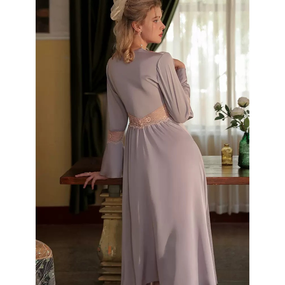 法式 簡約 性感絲質 V領 蕾絲拼接長袖絲質睡衣裙 家居服 性感睡衣 涼感 緞面 紫色 珠光-細節圖7