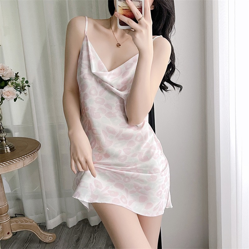 優雅細緻 寄肩帶低胸垂領 柔軟冰絲印花睡衣裙 連身睡衣 性感睡衣 家居服 涼感 舒適 好穿 印花 性感家居服  碎花-規格圖10