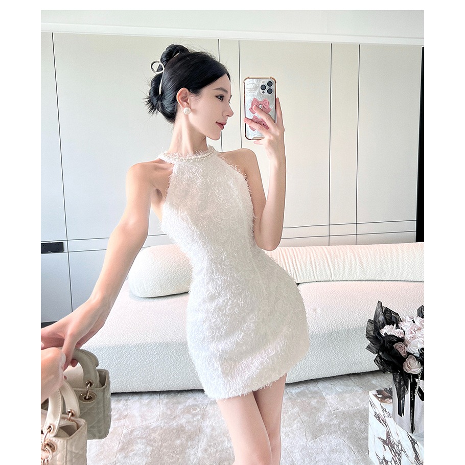 優雅復古 小香風 純白削肩珍珠流蘇包臀洋裝 白色小禮服 合身 簡約 婚禮洋裝 氣質小禮服 性感洋裝-細節圖2