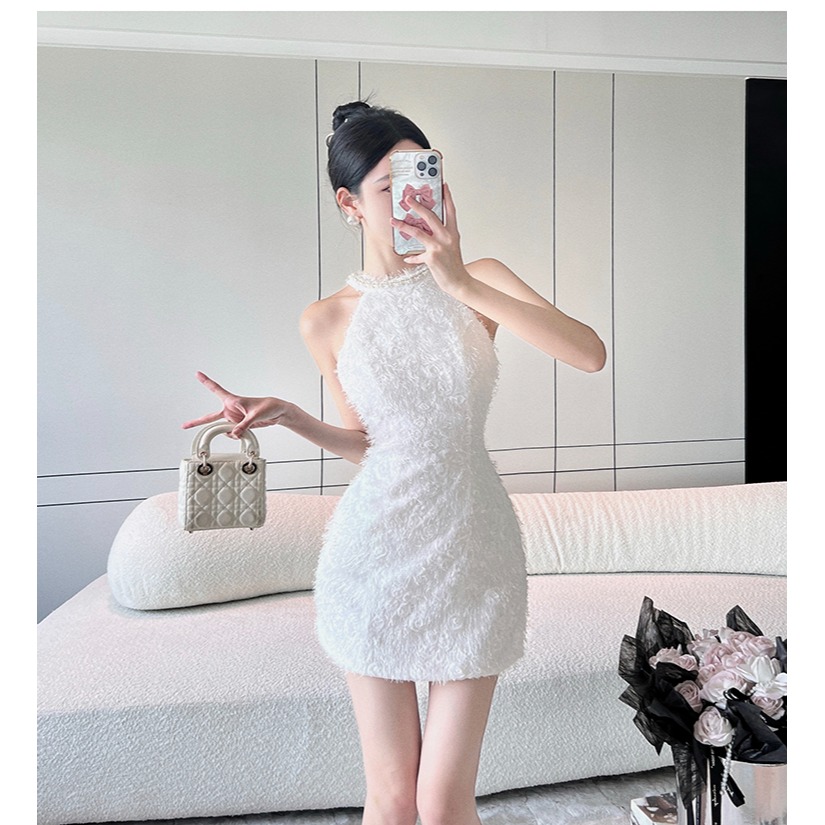 優雅復古 小香風 純白削肩珍珠流蘇包臀洋裝 白色小禮服 合身 簡約 婚禮洋裝 氣質小禮服 性感洋裝-細節圖3