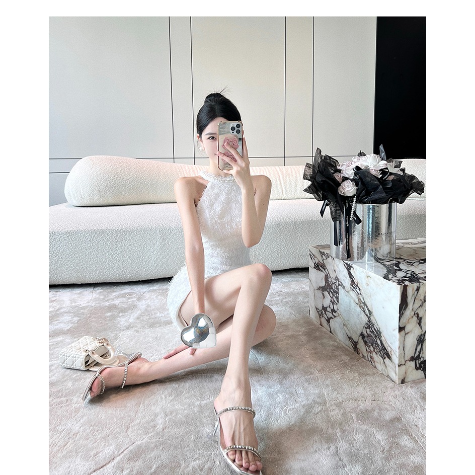 優雅復古 小香風 純白削肩珍珠流蘇包臀洋裝 白色小禮服 合身 簡約 婚禮洋裝 氣質小禮服 性感洋裝-細節圖5