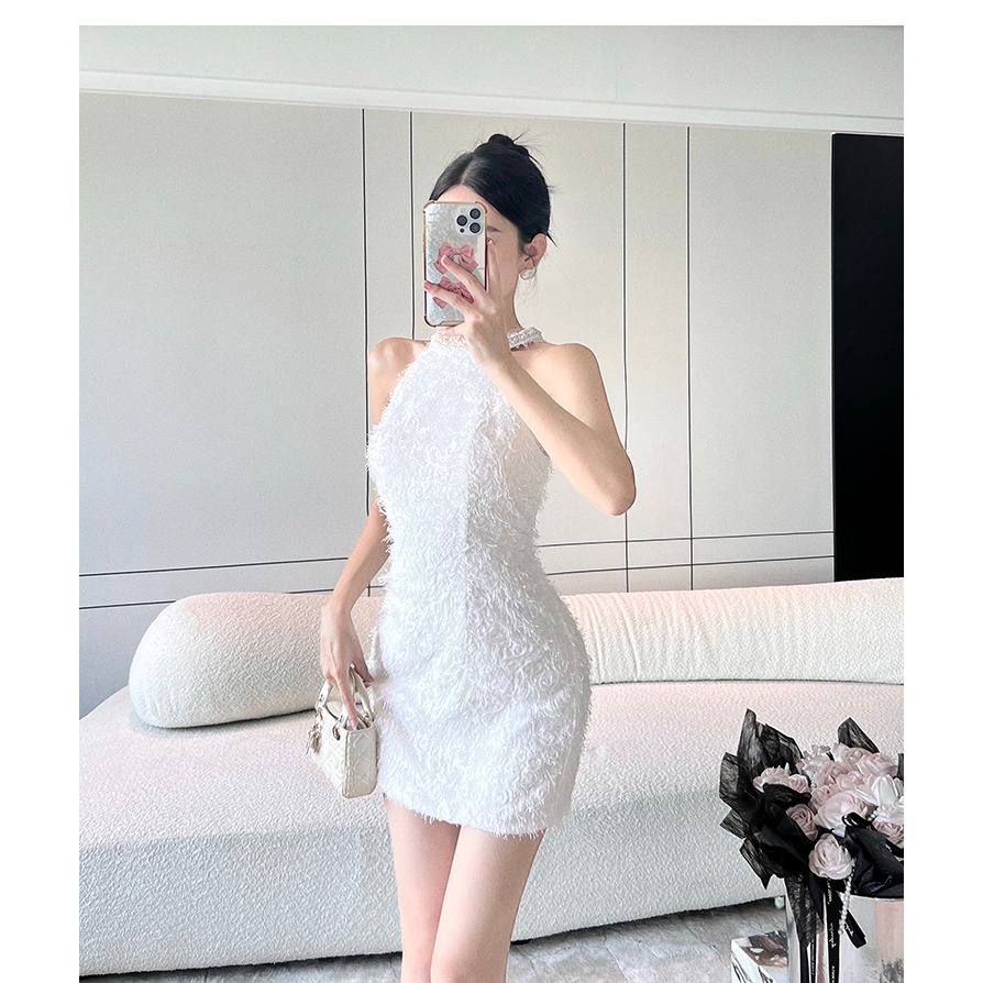 優雅復古 小香風 純白削肩珍珠流蘇包臀洋裝 白色小禮服 合身 簡約 婚禮洋裝 氣質小禮服 性感洋裝-細節圖8