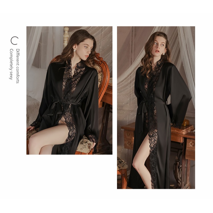 唯美 維多利亞復古風 蕾絲拼接長袖緞面絲質睡袍 家居服 性感睡衣 緞面睡袍 舒適 好穿 白色 黑色-細節圖2