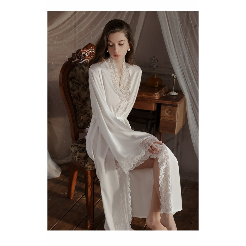 唯美 維多利亞復古風 蕾絲拼接長袖緞面絲質睡袍 家居服 性感睡衣 緞面睡袍 舒適 好穿 白色 黑色-細節圖3