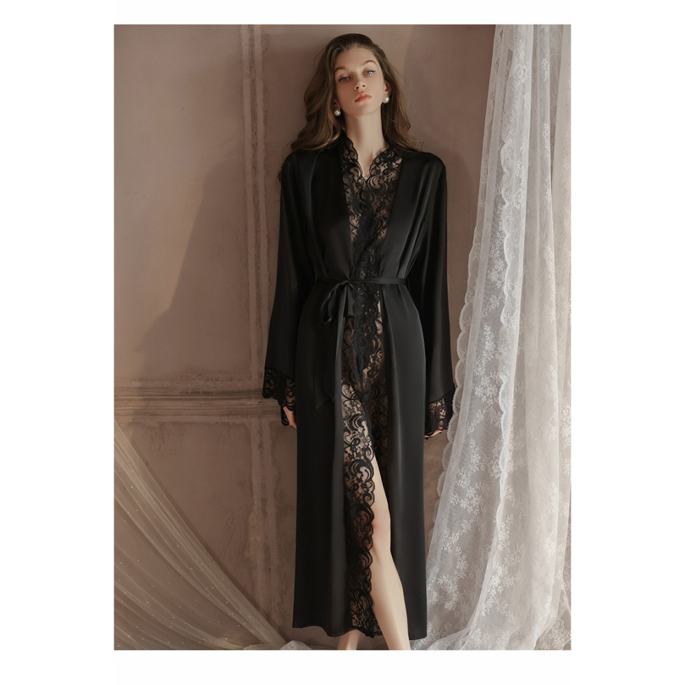 唯美 維多利亞復古風 蕾絲拼接長袖緞面絲質睡袍 家居服 性感睡衣 緞面睡袍 舒適 好穿 白色 黑色-細節圖6