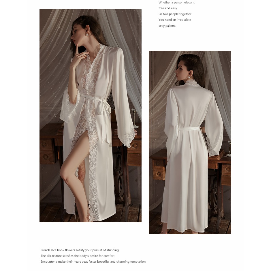 唯美 維多利亞復古風 蕾絲拼接長袖緞面絲質睡袍 家居服 性感睡衣 緞面睡袍 舒適 好穿 白色 黑色-細節圖7