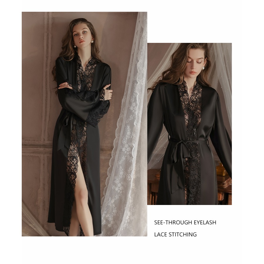 唯美 維多利亞復古風 蕾絲拼接長袖緞面絲質睡袍 家居服 性感睡衣 緞面睡袍 舒適 好穿 白色 黑色-細節圖8