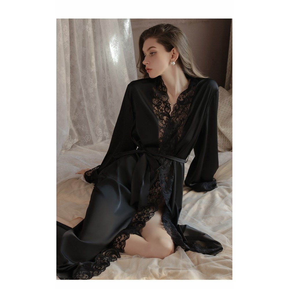 唯美 維多利亞復古風 蕾絲拼接長袖緞面絲質睡袍 家居服 性感睡衣 緞面睡袍 舒適 好穿 白色 黑色-規格圖8