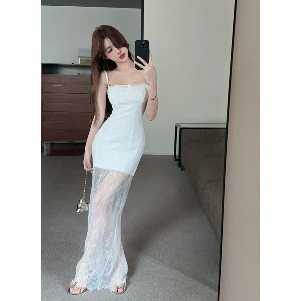 歐美感 火辣性感 白色細肩帶 平口馬甲蕾絲拼接長洋裝 輕婚紗 伴娘禮服 婚禮洋裝 晚宴服 白色小禮服-細節圖5