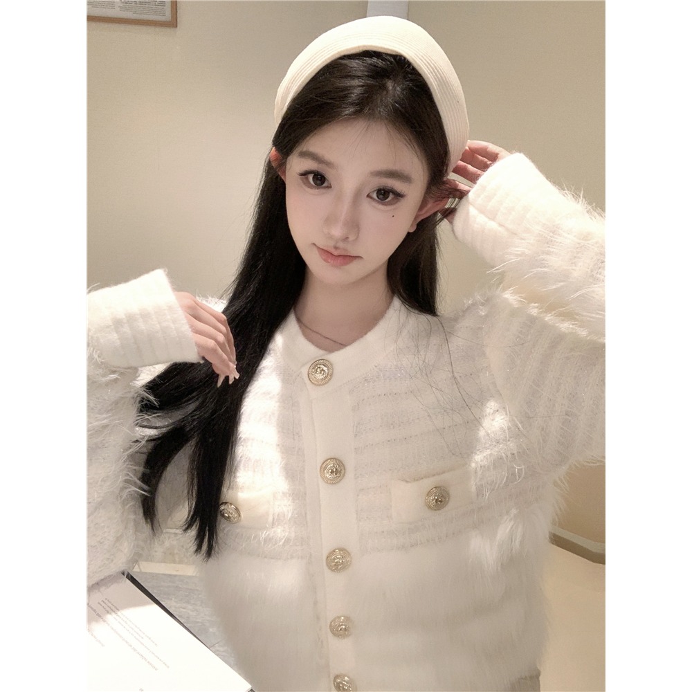 韓系 精緻貴氣 毛茸茸拼接 小香風 長袖毛衣外套 氣質 百搭 復古風 灰藍色 白色 基本款 冬天外套 毛外套-細節圖7