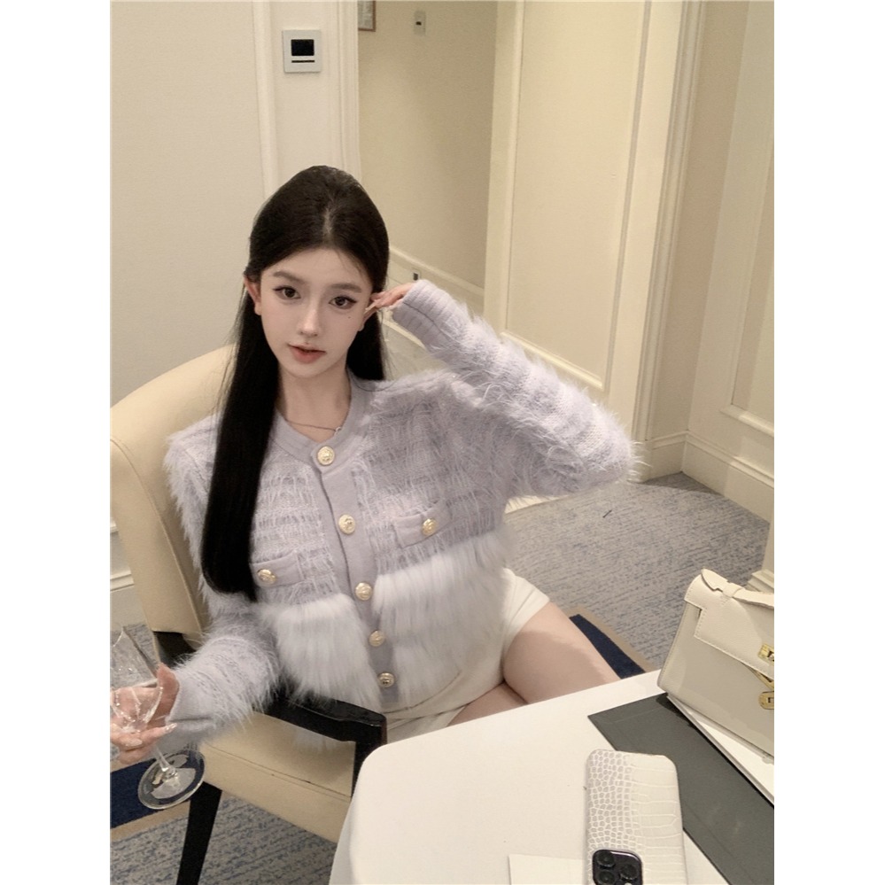 韓系 精緻貴氣 毛茸茸拼接 小香風 長袖毛衣外套 氣質 百搭 復古風 灰藍色 白色 基本款 冬天外套 毛外套-細節圖8