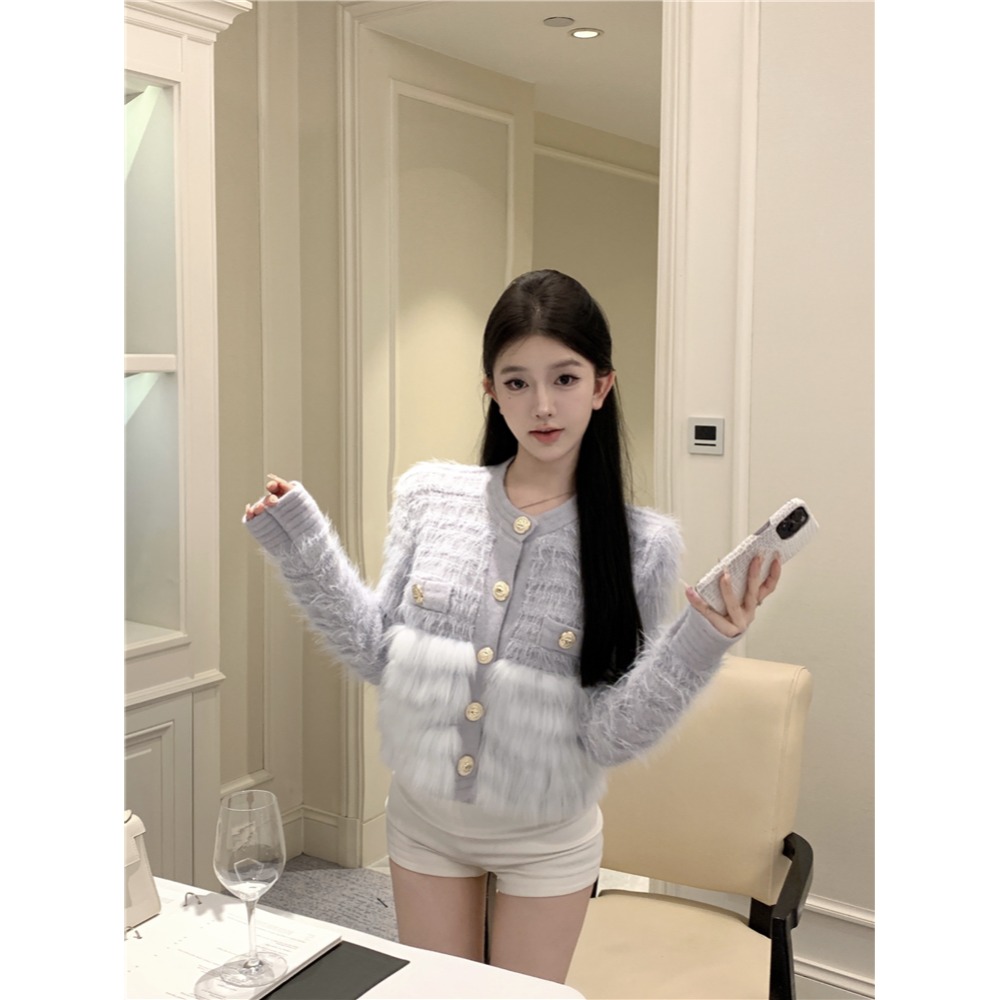 韓系 精緻貴氣 毛茸茸拼接 小香風 長袖毛衣外套 氣質 百搭 復古風 灰藍色 白色 基本款 冬天外套 毛外套-規格圖9