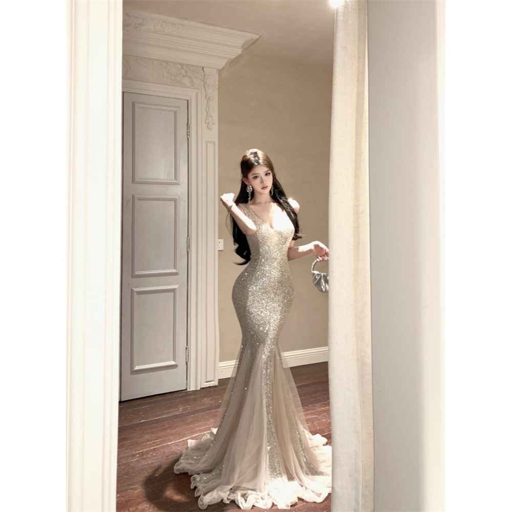 奢華 華麗 無袖低胸 深V香檳金亮片魚尾長禮服 婚禮洋裝 性感晚禮服 淺金色亮片 長禮服 搶眼 晚宴服-細節圖3