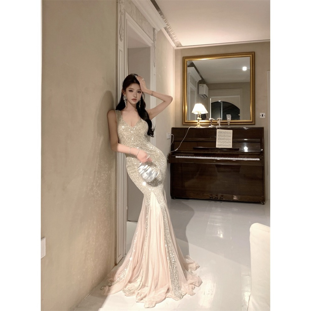 奢華 華麗 無袖低胸 深V香檳金亮片魚尾長禮服 婚禮洋裝 性感晚禮服 淺金色亮片 長禮服 搶眼 晚宴服-細節圖7