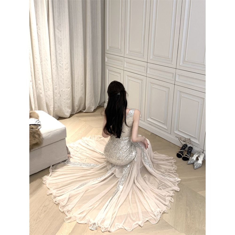 奢華 華麗 無袖低胸 深V香檳金亮片魚尾長禮服 婚禮洋裝 性感晚禮服 淺金色亮片 長禮服 搶眼 晚宴服-細節圖8