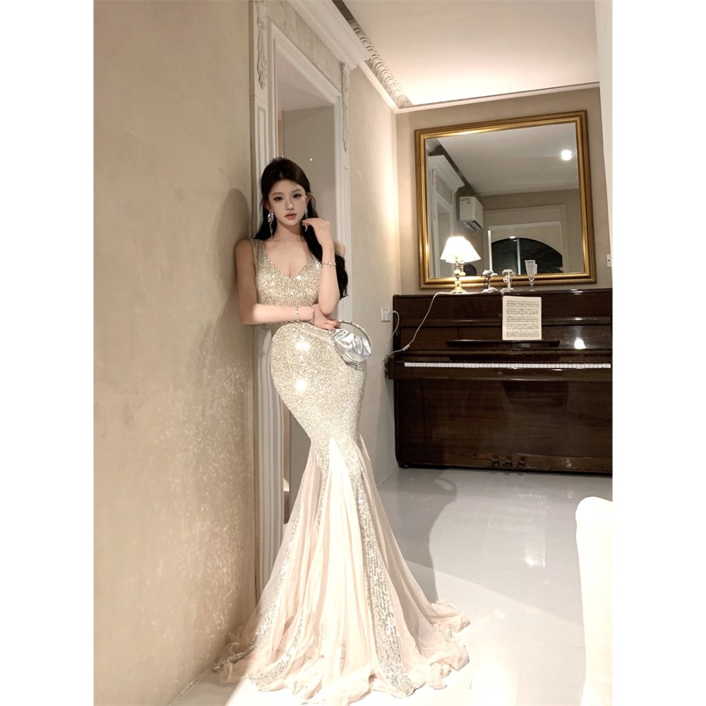 奢華 華麗 無袖低胸 深V香檳金亮片魚尾長禮服 婚禮洋裝 性感晚禮服 淺金色亮片 長禮服 搶眼 晚宴服-細節圖9