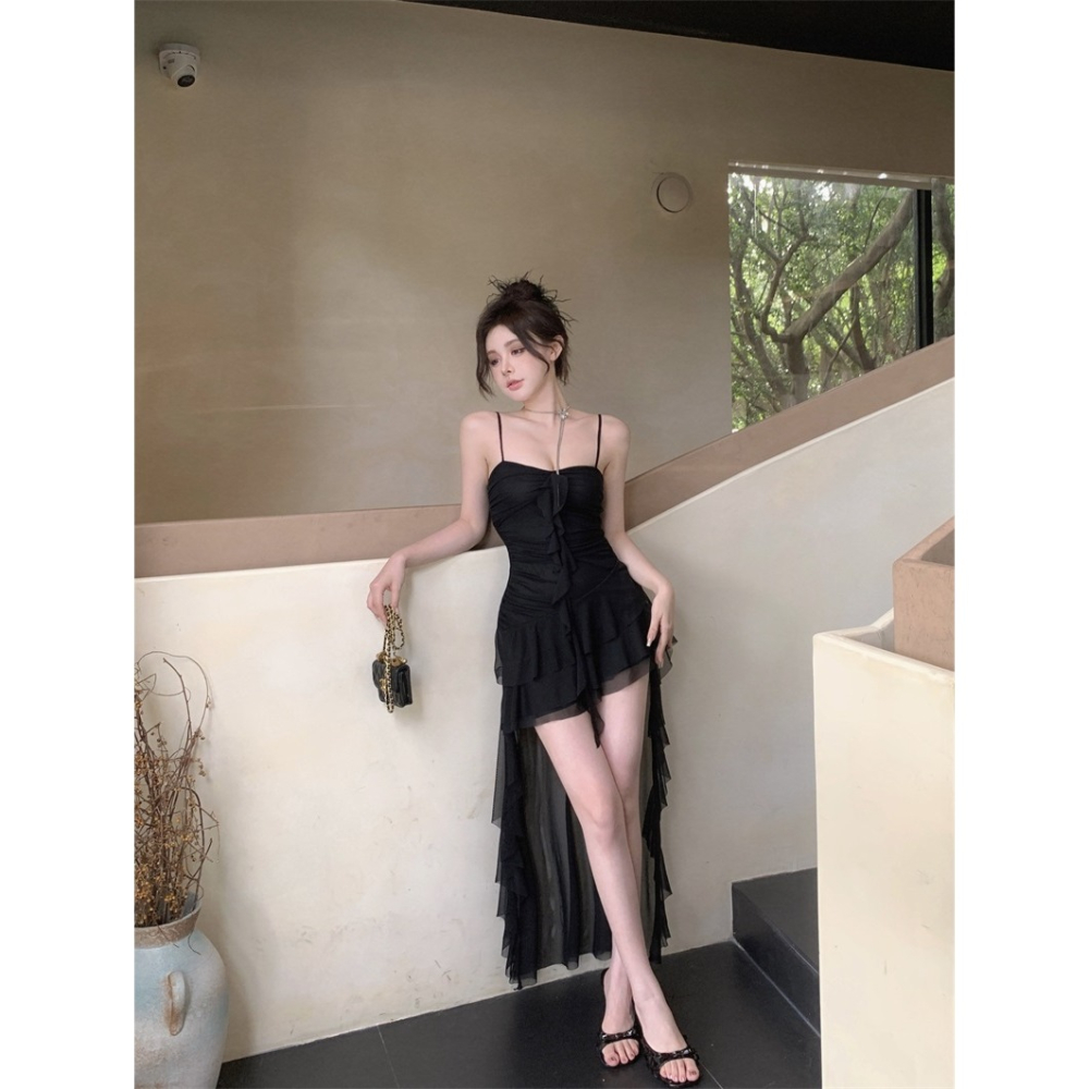 夢幻 性感 細肩帶薄紗雪紡拖擺優雅小禮服 性感小禮服 婚禮洋裝 伴娘禮服 素色 白色 黑色 晚宴服 大尺碼-細節圖3