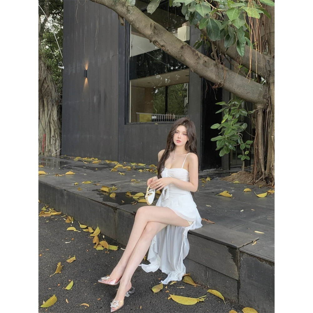 夢幻 性感 細肩帶薄紗雪紡拖擺優雅小禮服 性感小禮服 婚禮洋裝 伴娘禮服 素色 白色 黑色 晚宴服 大尺碼-細節圖4