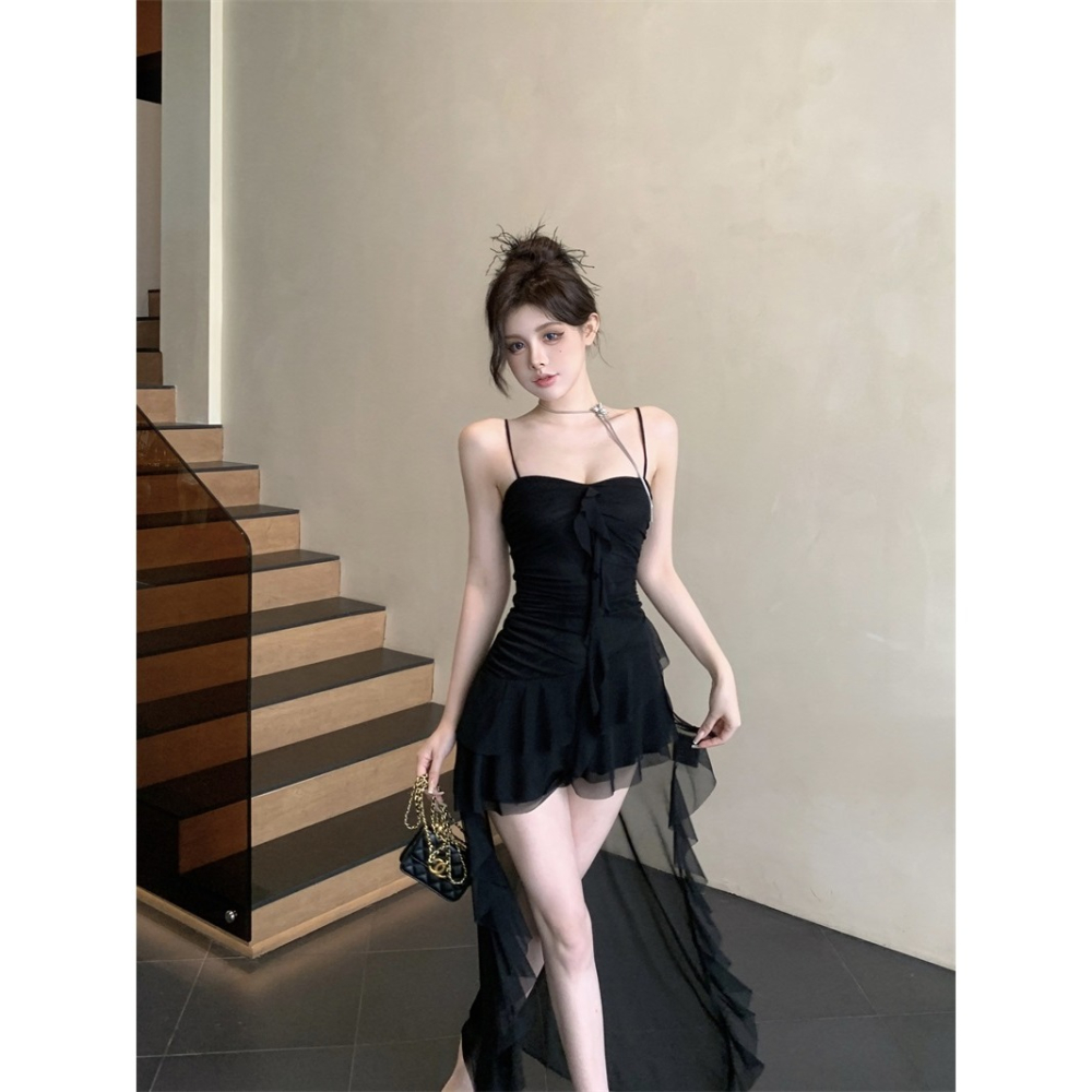 夢幻 性感 細肩帶薄紗雪紡拖擺優雅小禮服 性感小禮服 婚禮洋裝 伴娘禮服 素色 白色 黑色 晚宴服 大尺碼-細節圖5