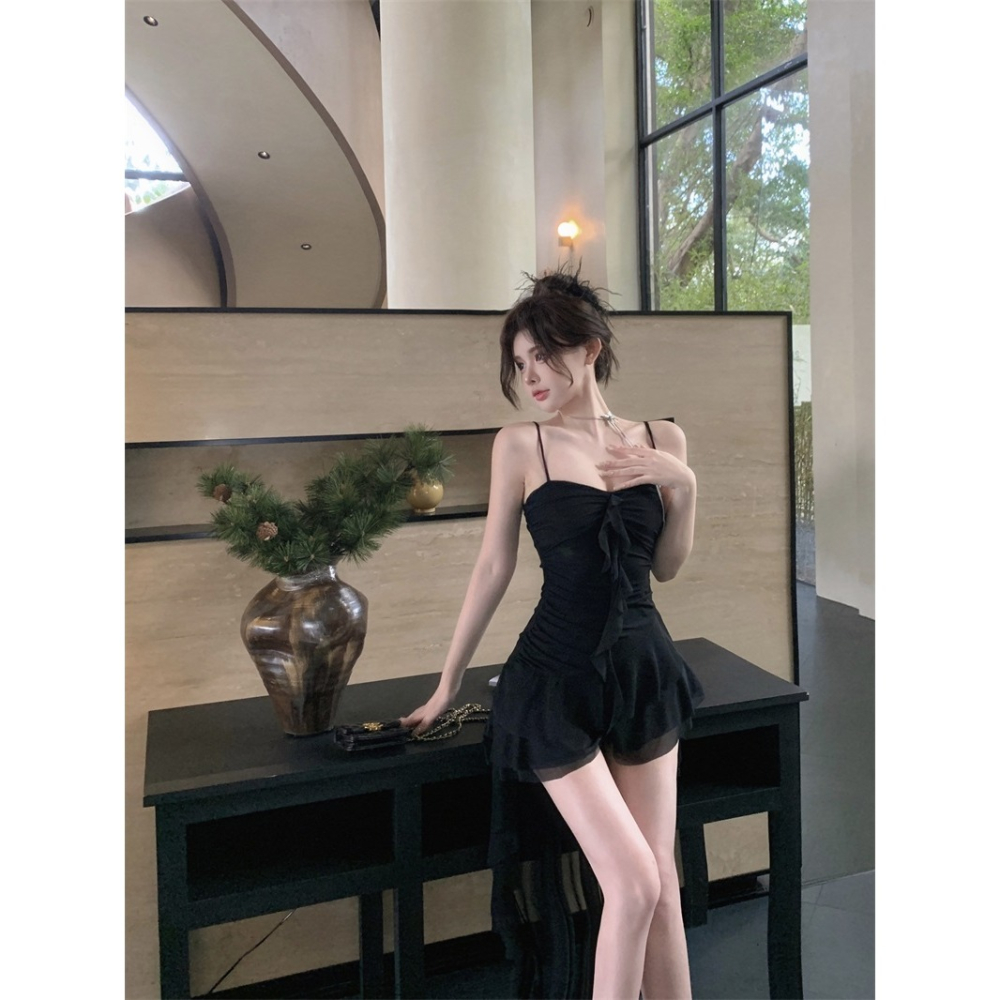 夢幻 性感 細肩帶薄紗雪紡拖擺優雅小禮服 性感小禮服 婚禮洋裝 伴娘禮服 素色 白色 黑色 晚宴服 大尺碼-細節圖7