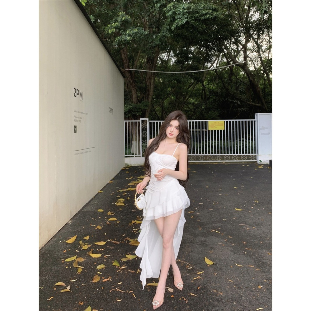 夢幻 性感 細肩帶薄紗雪紡拖擺優雅小禮服 性感小禮服 婚禮洋裝 伴娘禮服 素色 白色 黑色 晚宴服 大尺碼-細節圖8