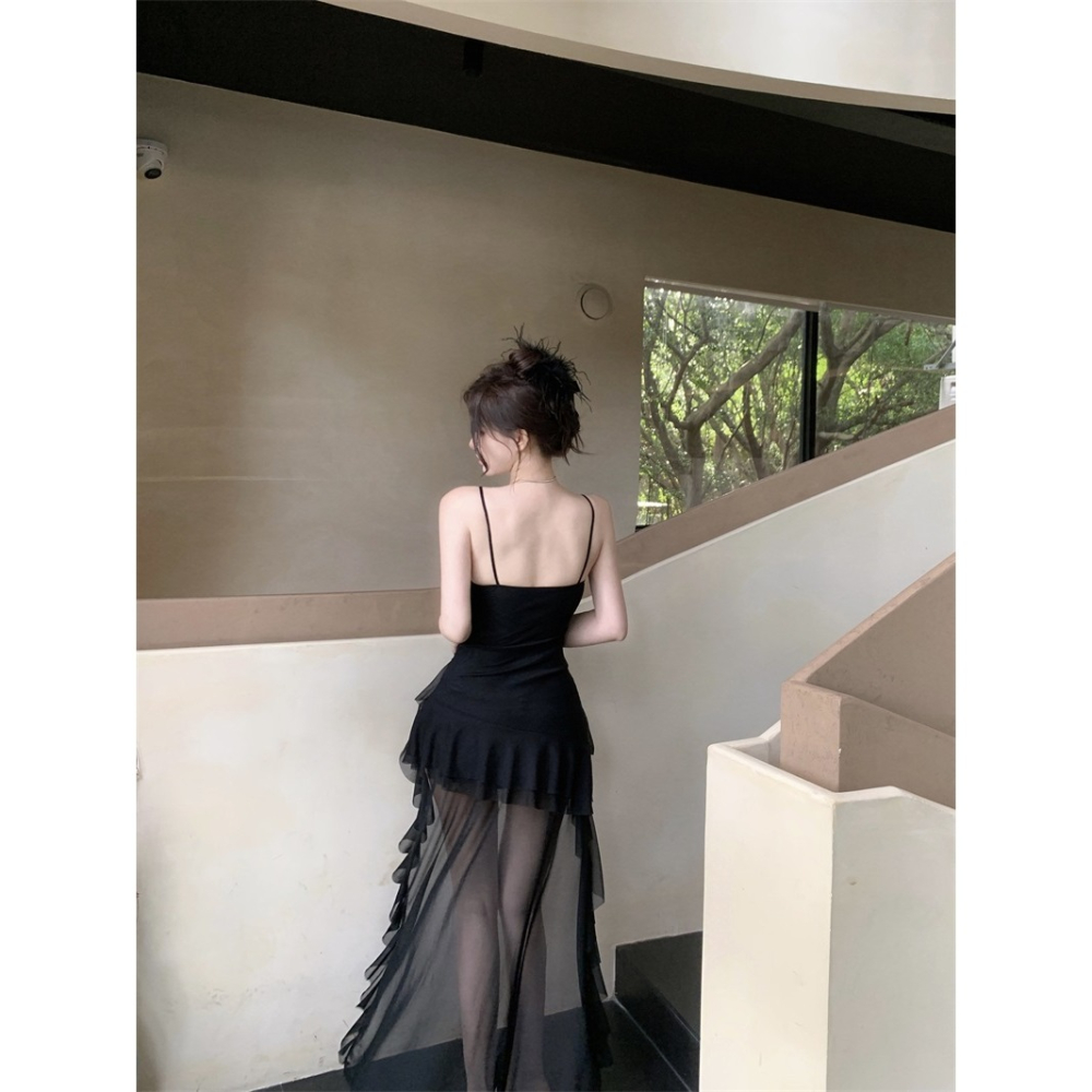 夢幻 性感 細肩帶薄紗雪紡拖擺優雅小禮服 性感小禮服 婚禮洋裝 伴娘禮服 素色 白色 黑色 晚宴服 大尺碼-細節圖10