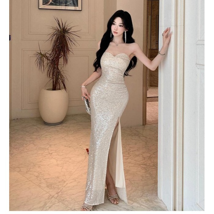 奪目耀眼 高貴 貴氣 平口低胸亮片魚尾長禮服 亮片禮服 性感晚宴服 香檳金 金色亮片洋裝 婚禮禮服 伴娘禮服-細節圖2